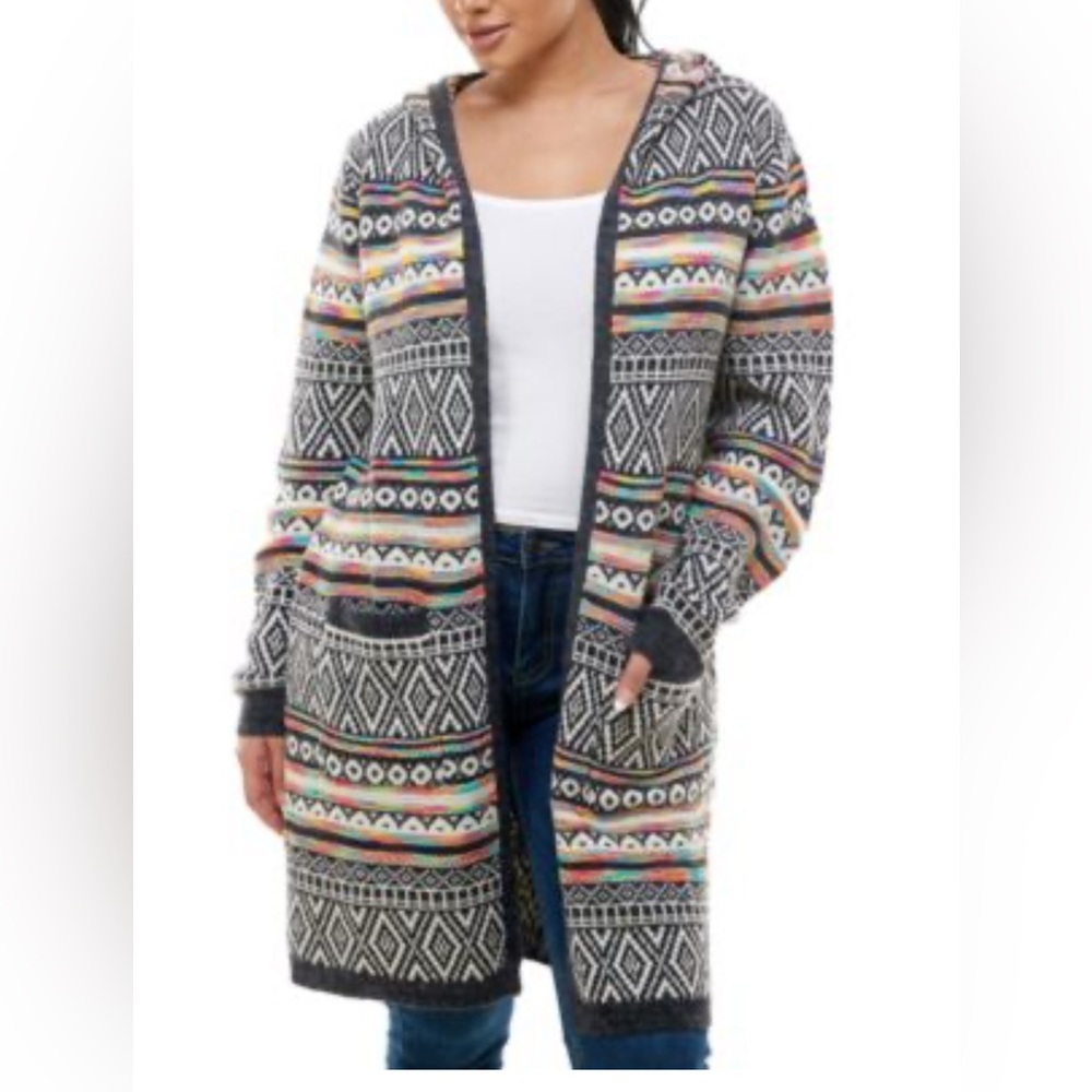 Monteau Black and White Striped Knit Open Front Cardigan Women's Small‎